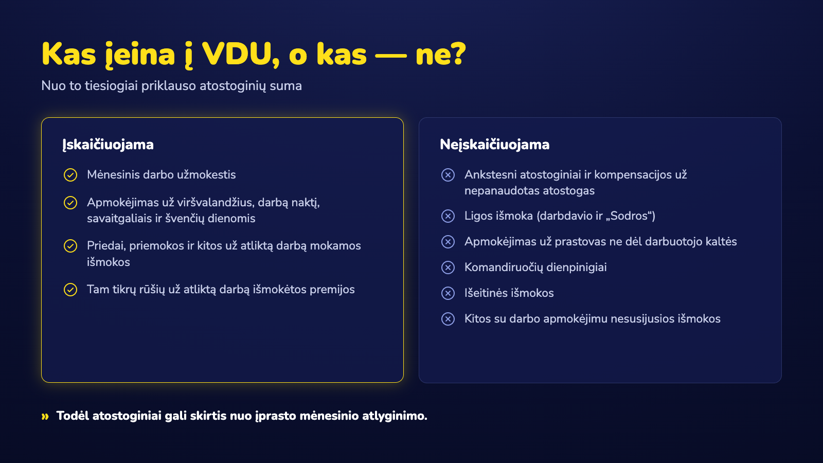 Atostoginių apskaičiavimas: kokios išmokos įskaičiuojamos į VDU, kai atostoginiai skaičiuojami
